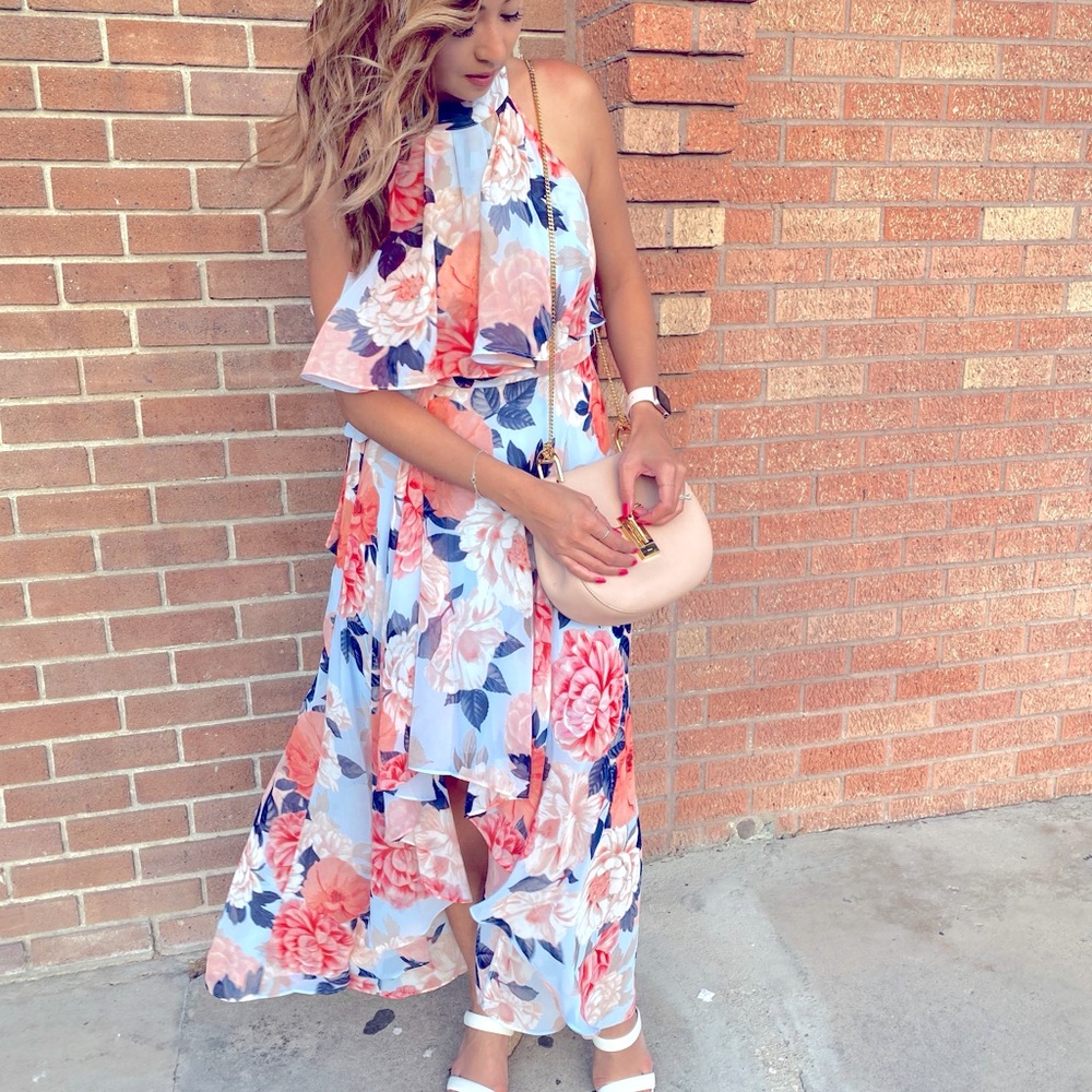 Flowery spring cocktail halter dress